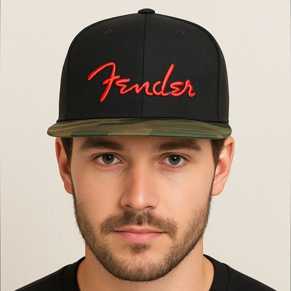 NWT Fender Black Hat Red Logo Camouflage Brim Flatbill SnapBack Hat, One Size
